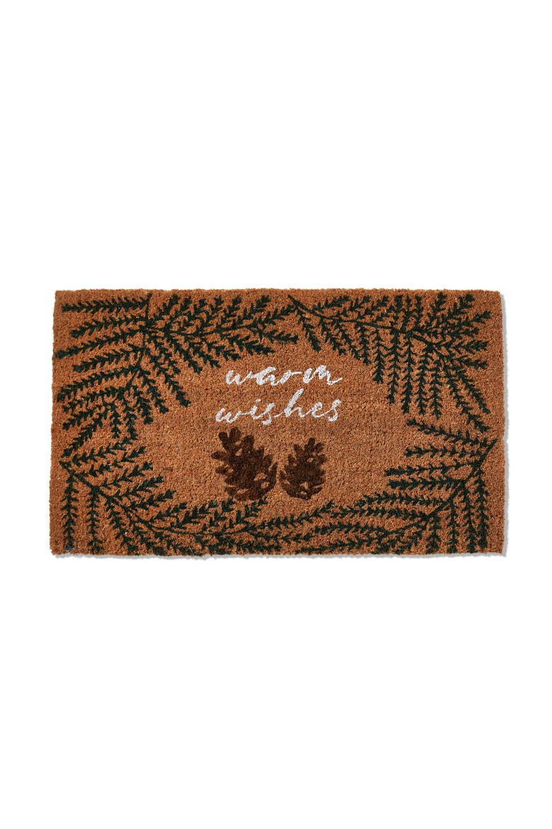 Warm Wishes Pine Cone Coir Door Mat Green Brown Indoor Outdoor, Main, color, Green