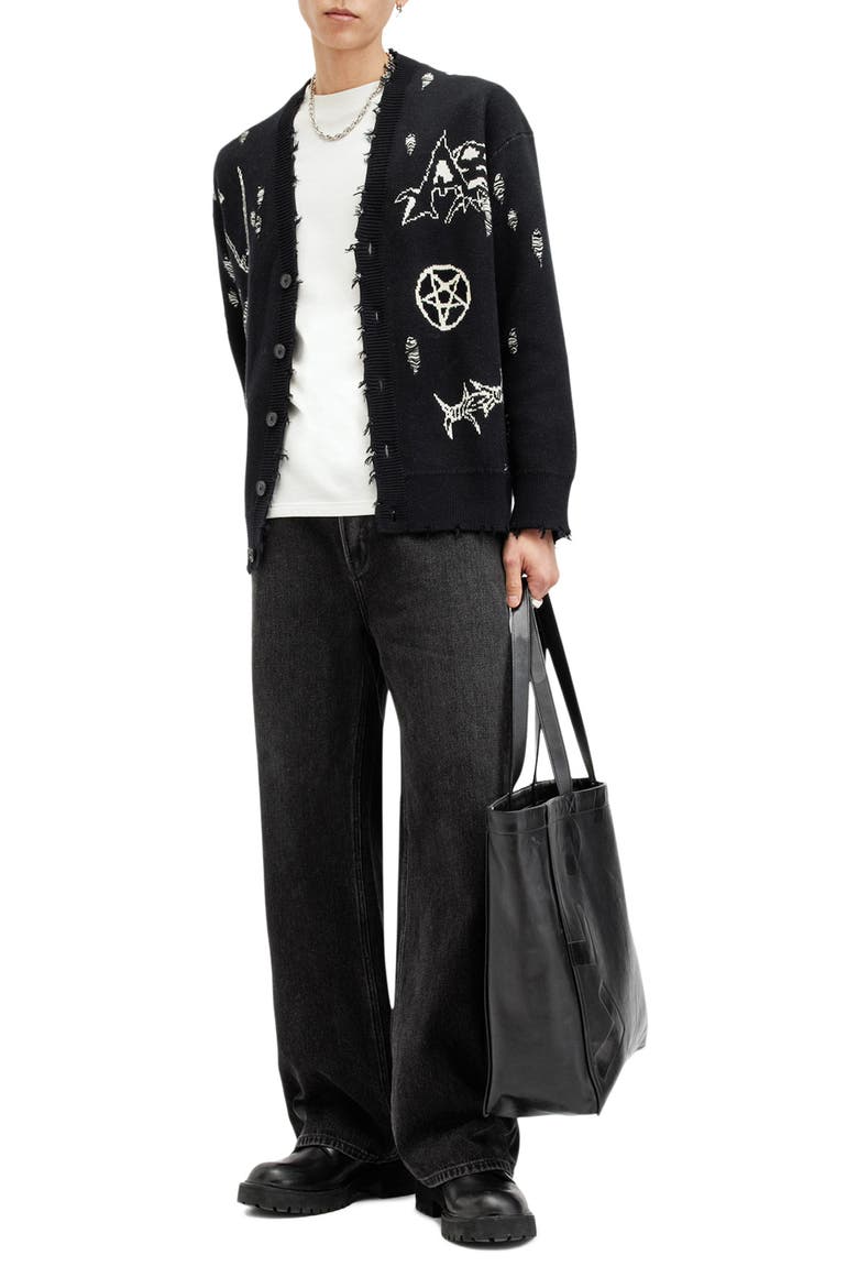 Koto Distressed Cotton Cardigan, Alternate, color, BLACK/ CHALK WHITE
