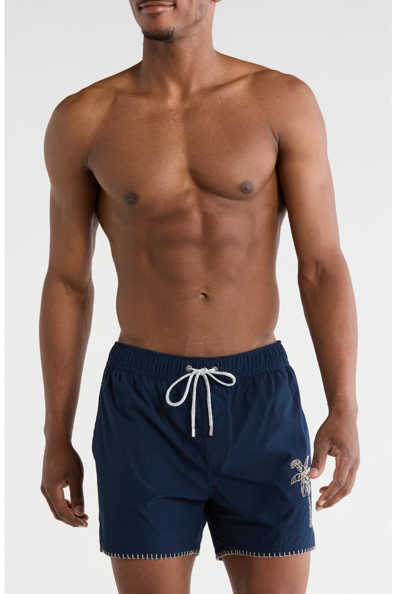 Embroidered Palm Volley Swim Shorts, Main, color, NAVY