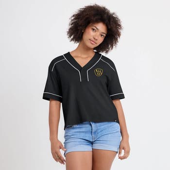 売れ筋商品|||ファナティクス Tシャツ トップス レディース Women's Black Milwaukee Brewers Oversized Champ Game Midi Cropped V-Neck T-Shirt Black FANATICS Women's Fanatics Black Milwaukee Brewers Oversized