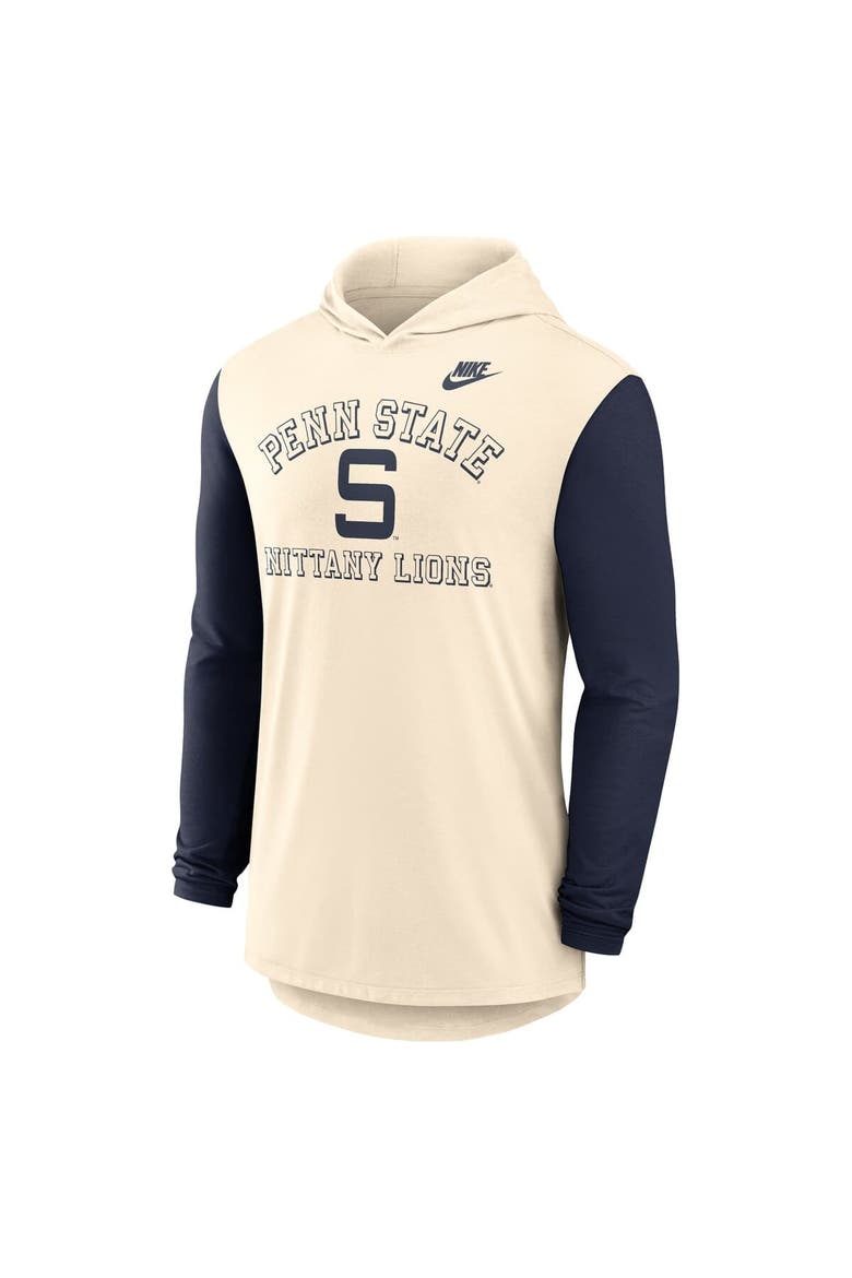 Men's Nike Natural/Navy Penn State Nittany Lions Legacy Color-Block Tri-Blend Performance Long Sleeve Hoodie T-Shirt, Alternate, color, Natural