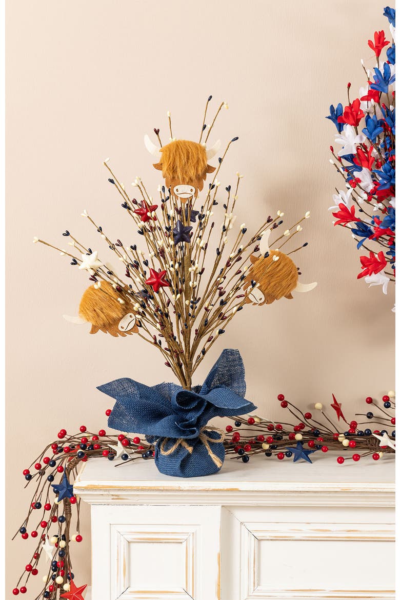 21"H Patriotic Americana Highland Cow and Berry Table Tree, Alternate, color, Blue