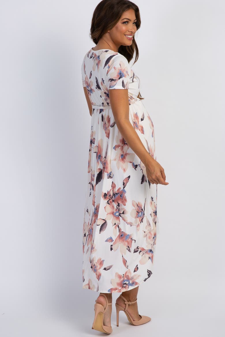 Floral Hi-Low Maternity Wrap Dress, Alternate, color, Ivory