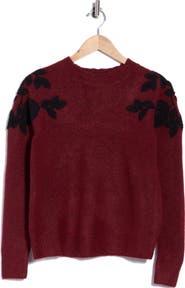 T Tahari Embroidered Sleeve Crewneck Sweater