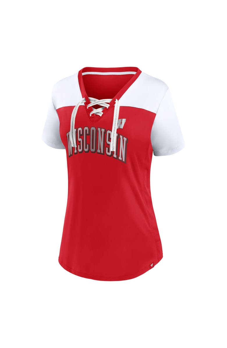 FANATICS Women's Fanatics Red Wisconsin Badgers Fundamentals Campus Win Athena Lace-Up V-Neck T-Shirt, Alternate, color, 