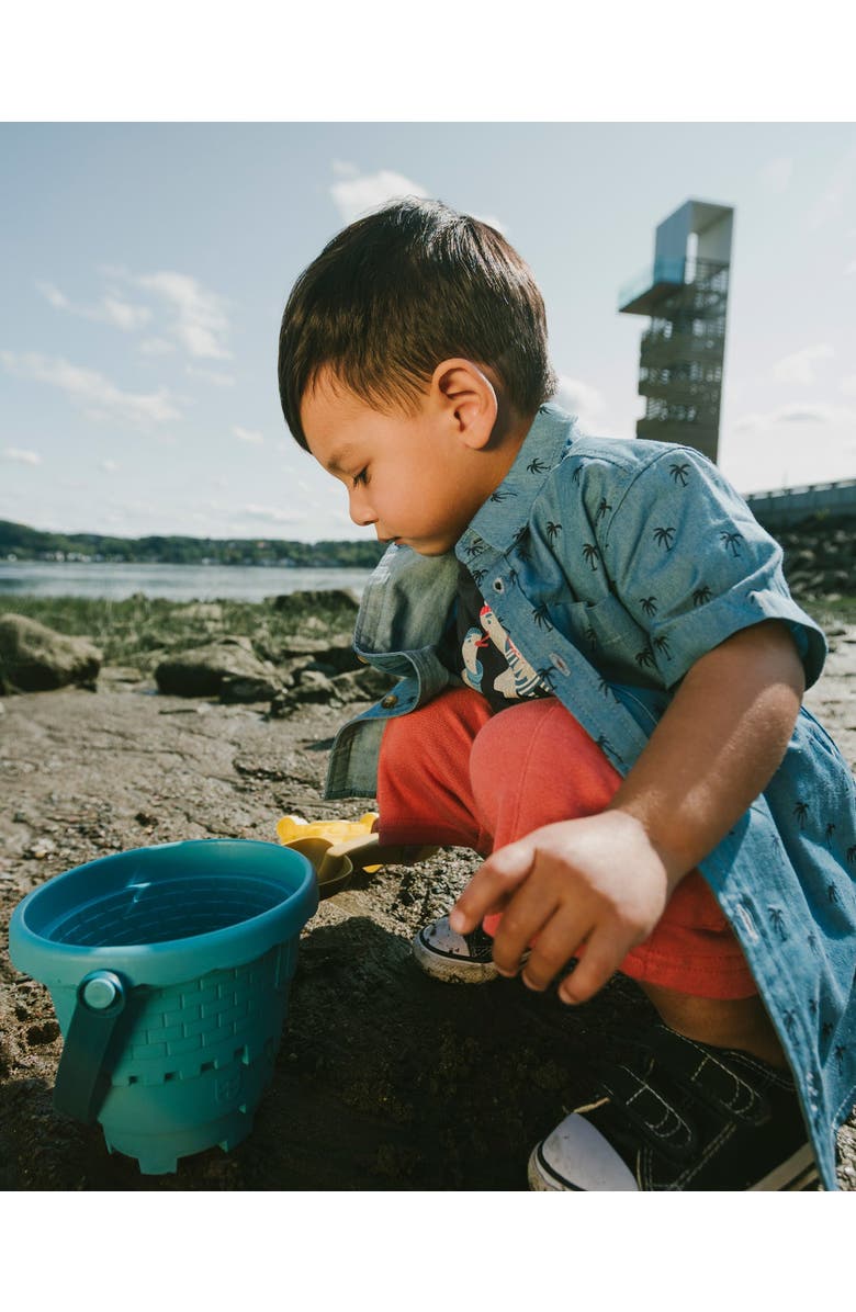 Deux par Deux Short Sleeve Palm Chambray Shirt, Alternate, color, Blue Chambray Palm Print