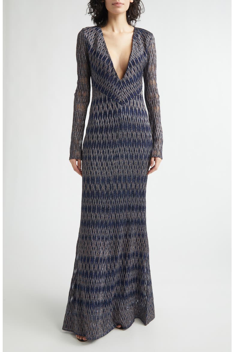 Long Sleeve 3D Diamond Pattern Lamé Maxi Dress, Alternate, color, BLUE TONES
