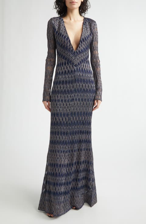 Long Sleeve 3D Diamond Pattern Lamé Maxi Dress