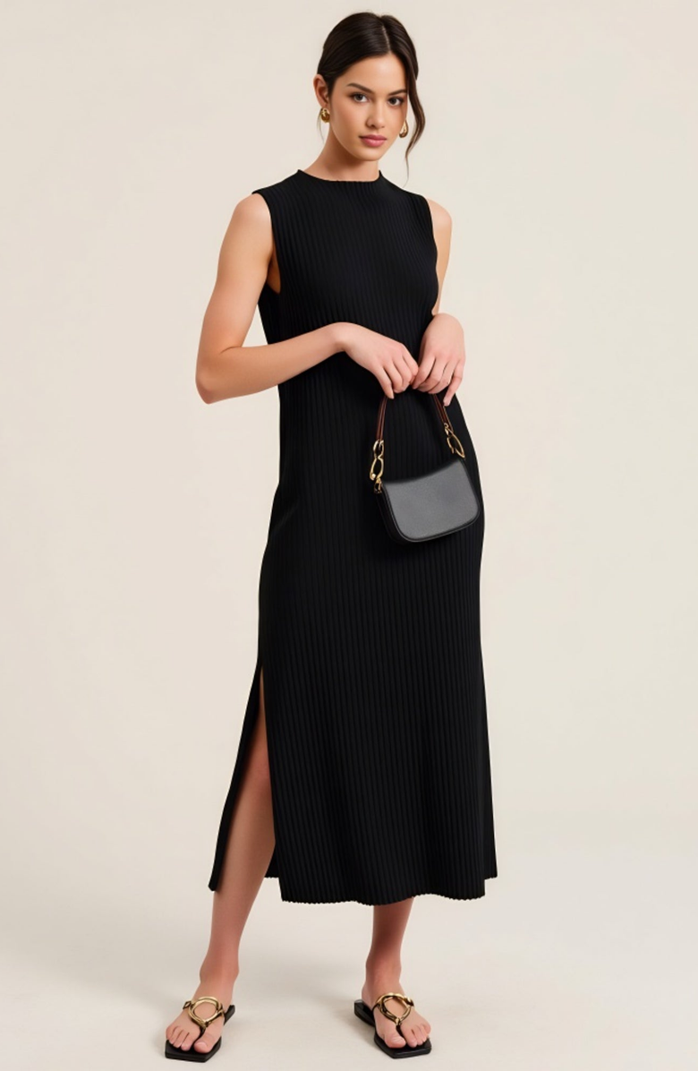 Modenaire Sleeveless Ribbed Knit Midi Dress with Side Slit and High Neckline, Alternate, color, Black