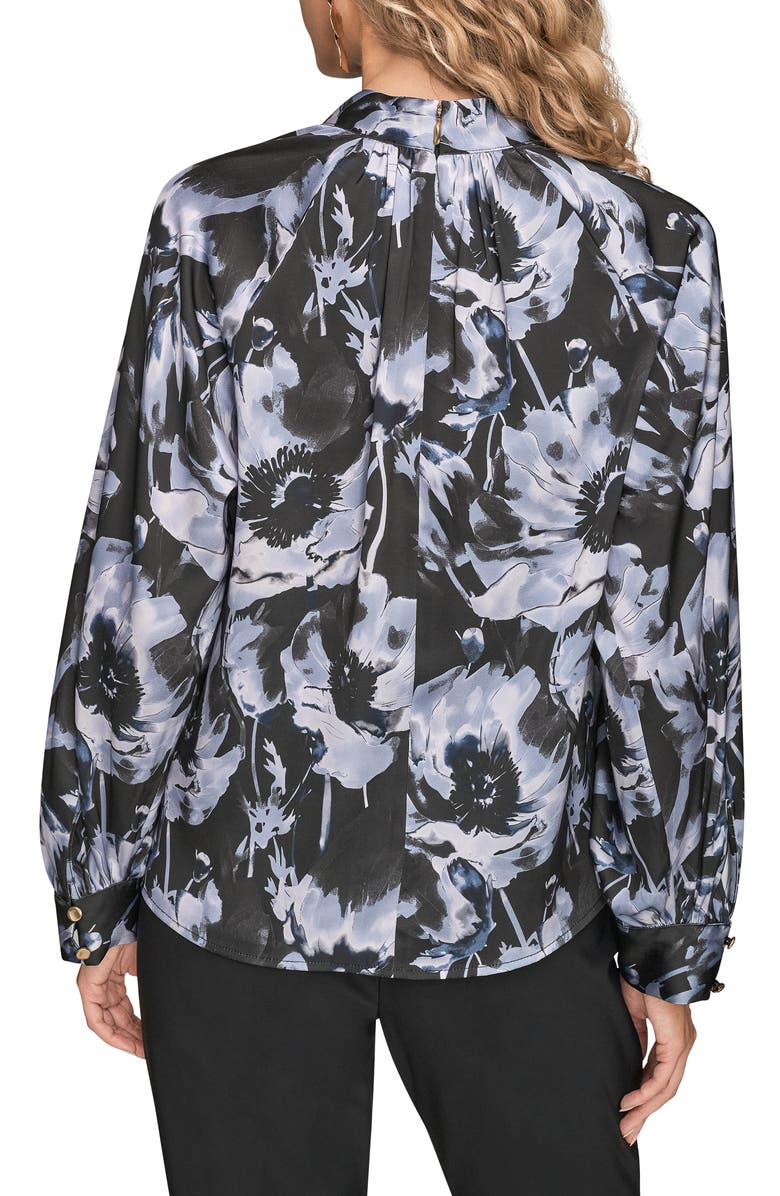 Donna Karan New York Floral Shoulder Button Long Sleeve Top, Alternate, color, Black Temp
