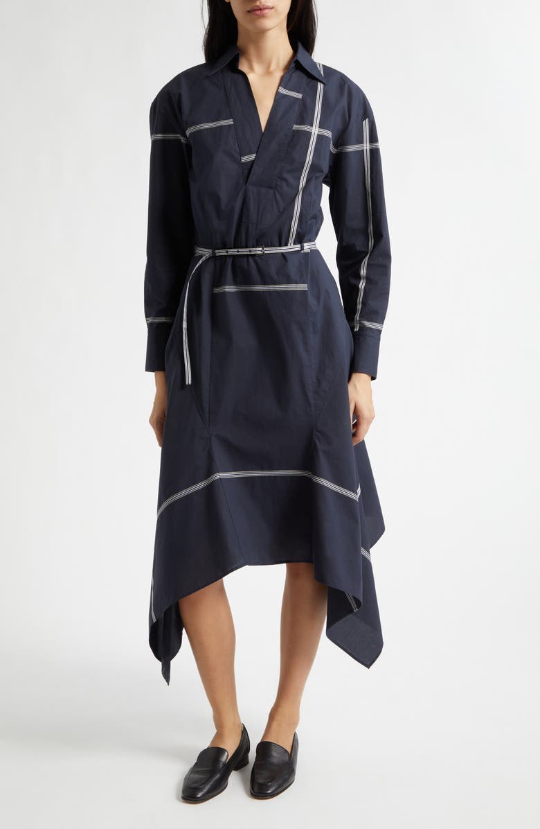 BOSS Doloh Ribbon Detail Long Sleeve Handkerchief Hem Cotton Dress, Main, color, Sky Captain Plaid