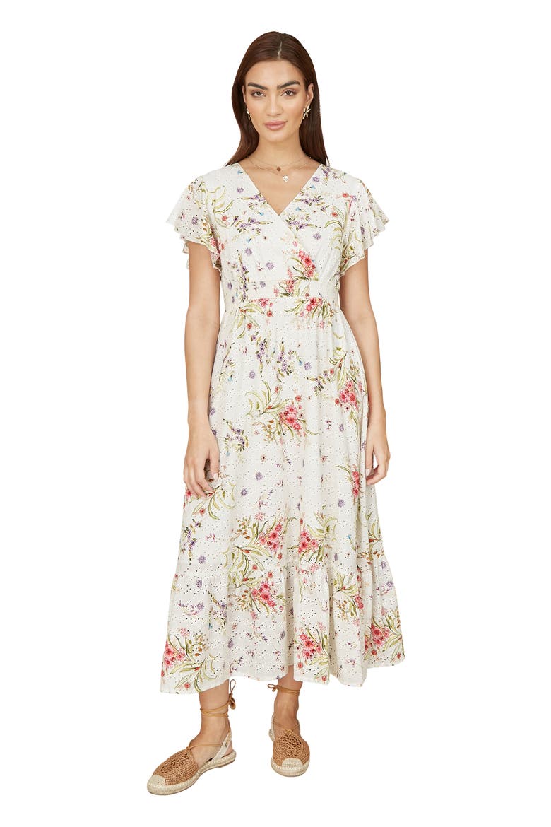 Floral Broderie Anglaise Wrap Midi Dress, Main, color, Ivory