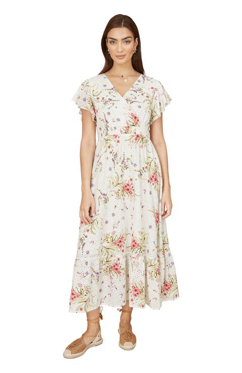 Floral Broderie Anglaise Wrap Midi Dress