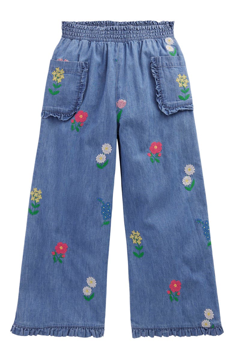 Mini Boden Kids' Nostalgic Frill Embroidered Cotton Wide Leg Pants, Main, color,