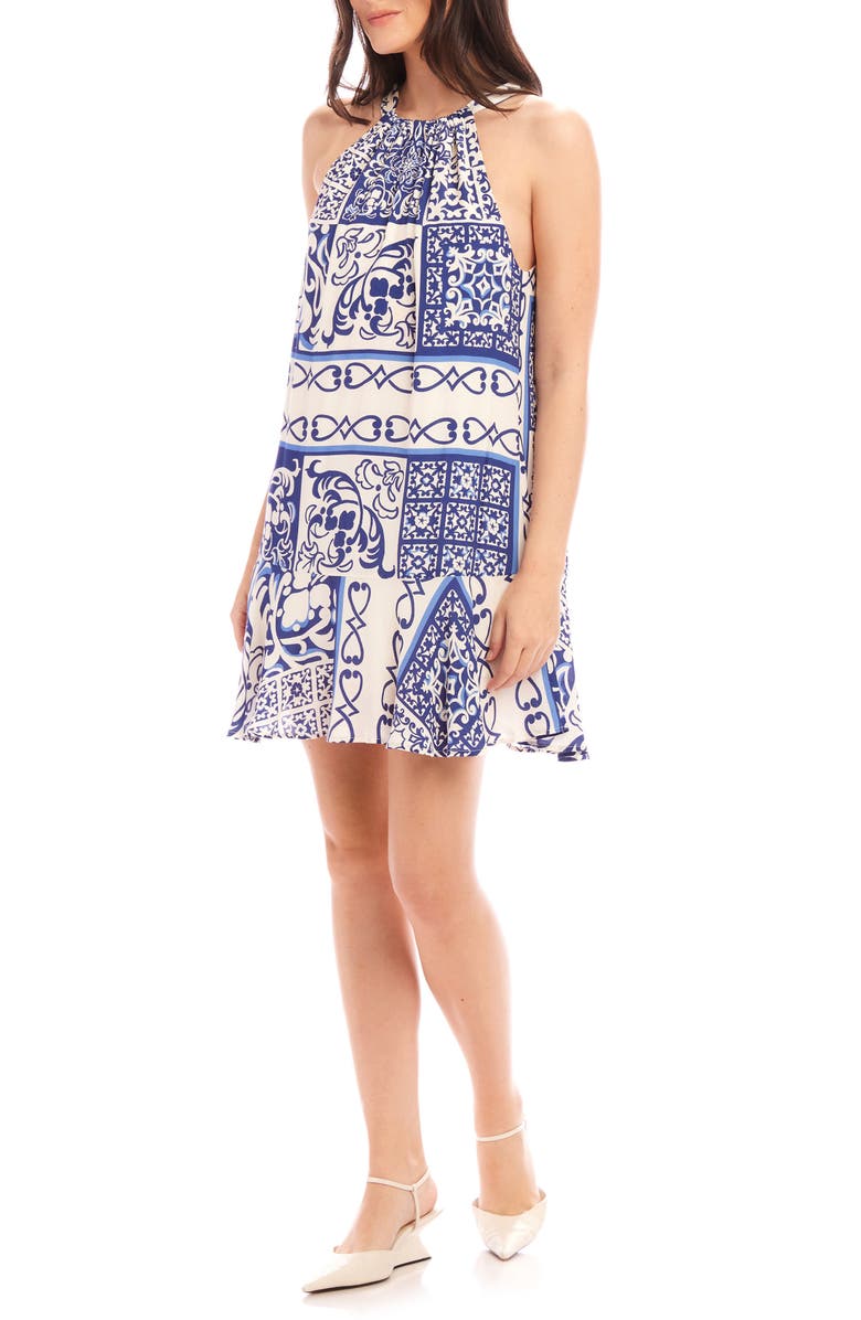 FIFTEEN TWENTY Brenda Tile Print Ruffle Hem Crepe Minidress, Alternate, color, Capri Blue