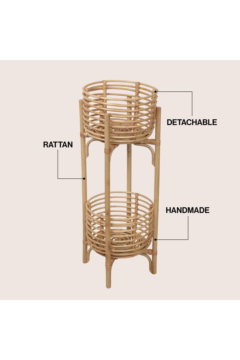 Zachariah 33.5" Bohemian Minimalist Handmade 2-Tier Rattan Indoor Planter Stand, Alternate, color, Natural