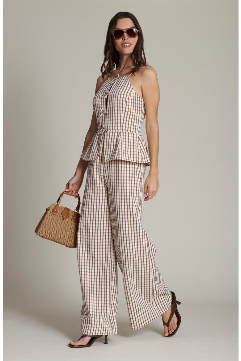 Check Bow Tie Front Peplum Jumpsuit, Alternate, color, CREAM AND BROWN