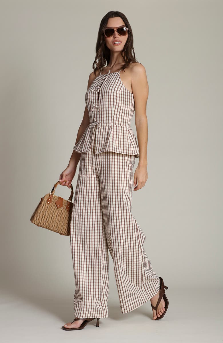 Avec Les Filles Check Bow Tie Front Peplum Jumpsuit, Alternate, color, Cream And Brown