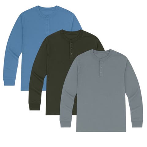 3 Pack Mens Long Sleeve Henley Tees