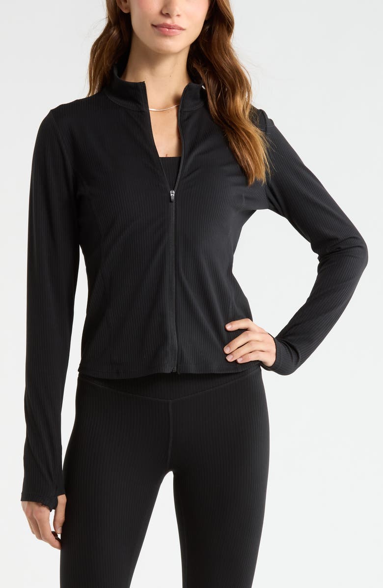 Zella Thrive Rib Knit Zip Front Sweatshirt, Main, color, Black