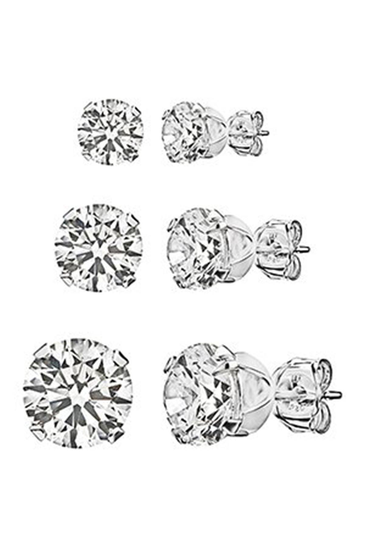 BEST SILVER Sterling Silver Round-Cut CZ Stud Earring Set
