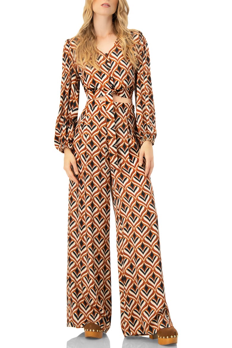 V-Neck Geometric Print Blouse with Bottom Tie, Alternate, color, Multi-Brown