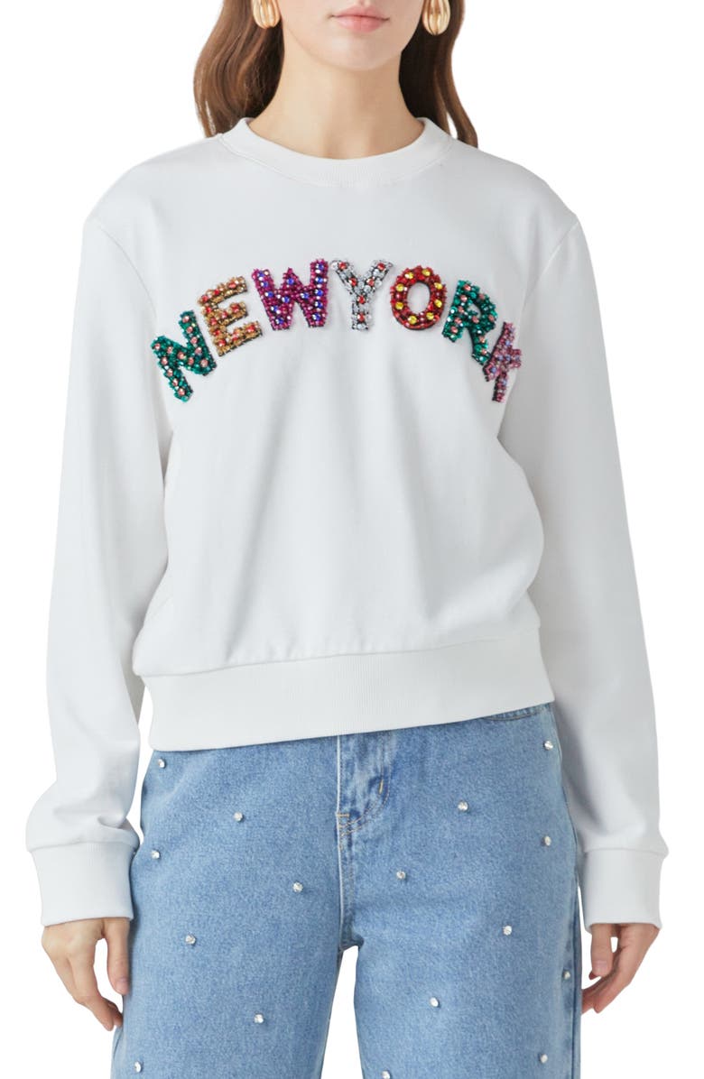 Endless Rose New York Embellished Sweatshirt, Main, color, White