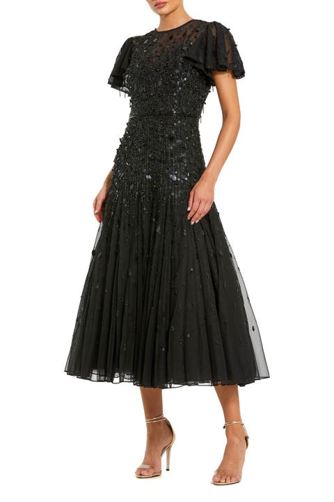 Flutter Sleeve Sheer Top Beaded Dress