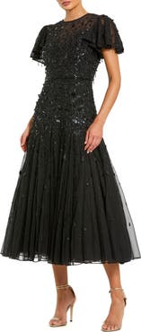 Mac Duggal Flutter Sleeve Sheer Top Beaded Dress