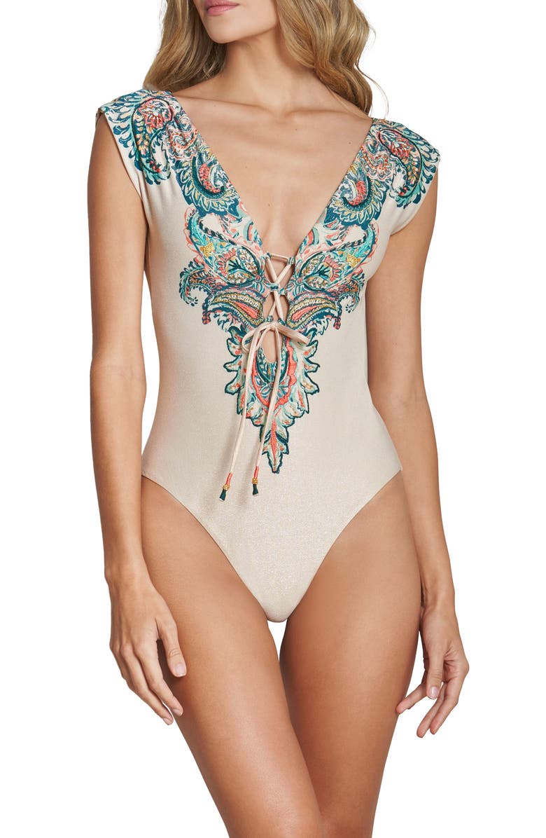 Cosita Linda Plunge One-Piece Swimsuit, Main, color, Green Water