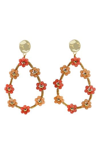 Panacea Crystal Beaded Flower Teardrop Earrings In Coral