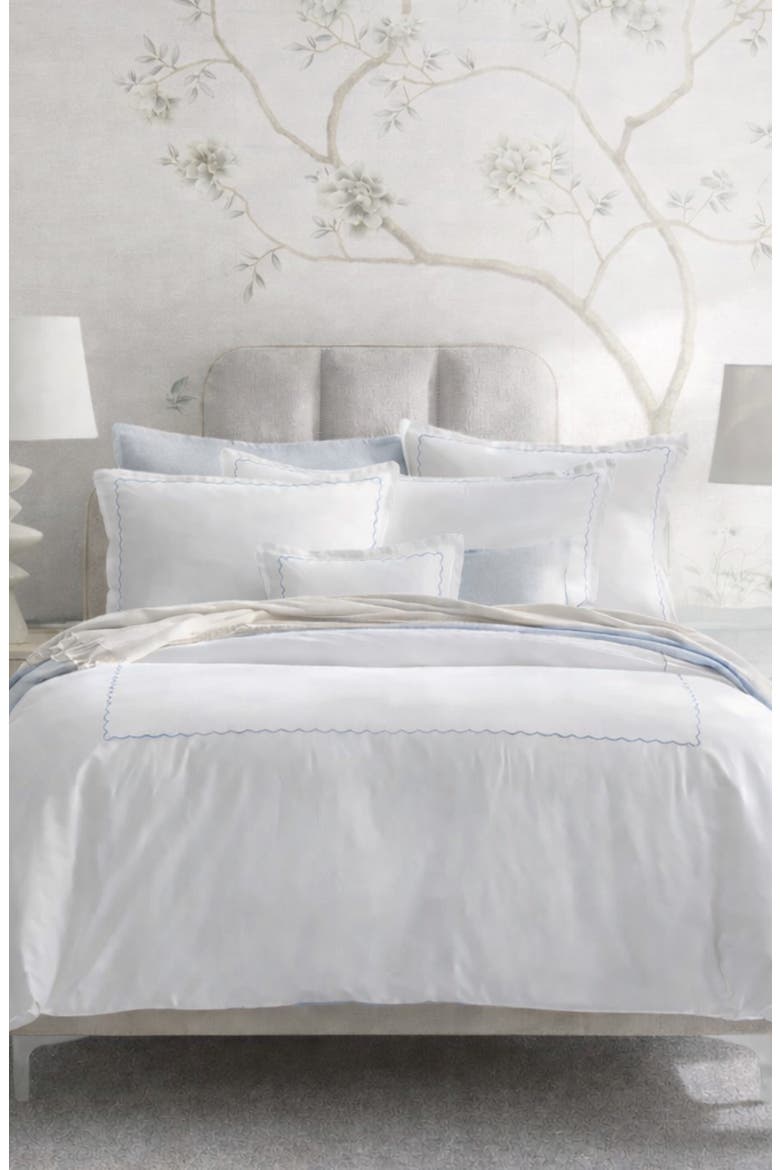Scallop Hotel Duvet Cover, Sheet & Shams Set, Alternate, color, WHITE/ BLUE