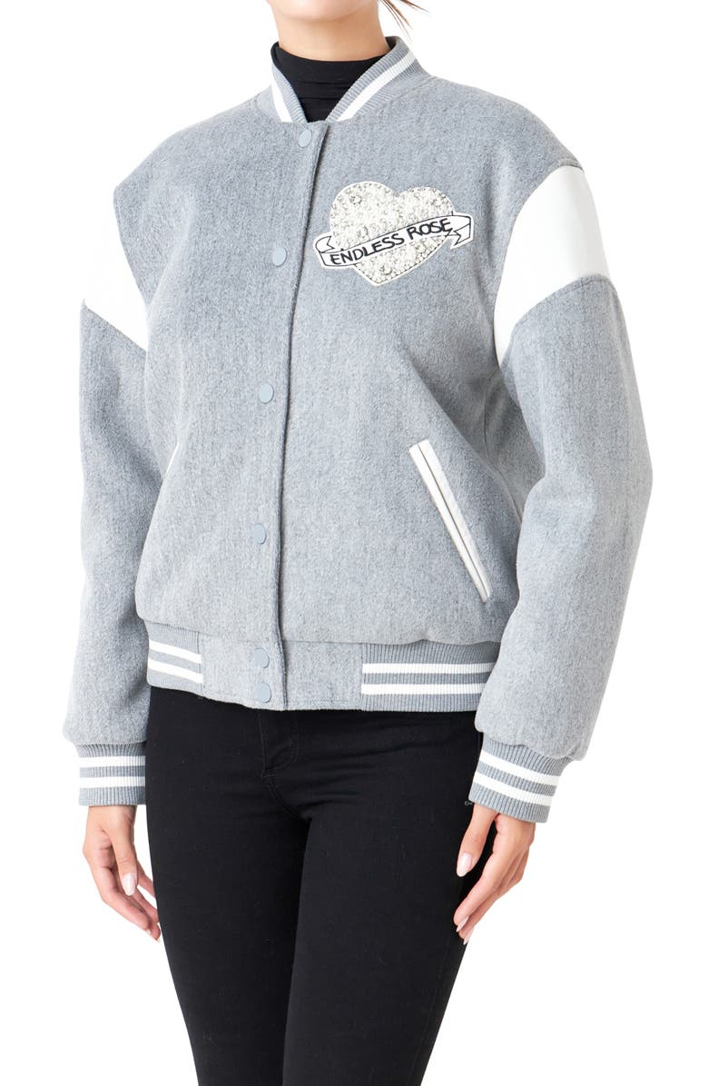 Endless Rose Beaded Patch Detail Bomber Jacket, Alternate, color, Heather Grey