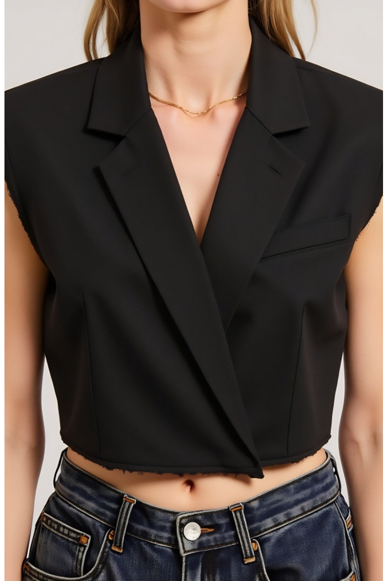 Sleeveless Cropped Raw-Edge Notched-Collar Blazer Vest, Alternate, color, Black