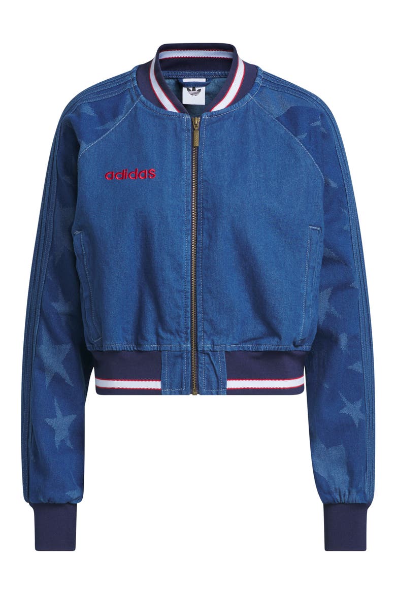 SST Denim Graphic Varsity Bomber Jacket, Alternate, color, MEDIUM BLUE DENIM