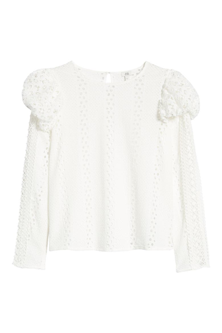 Broderie Knit Long Sleeve Top, Alternate, color, WHITE