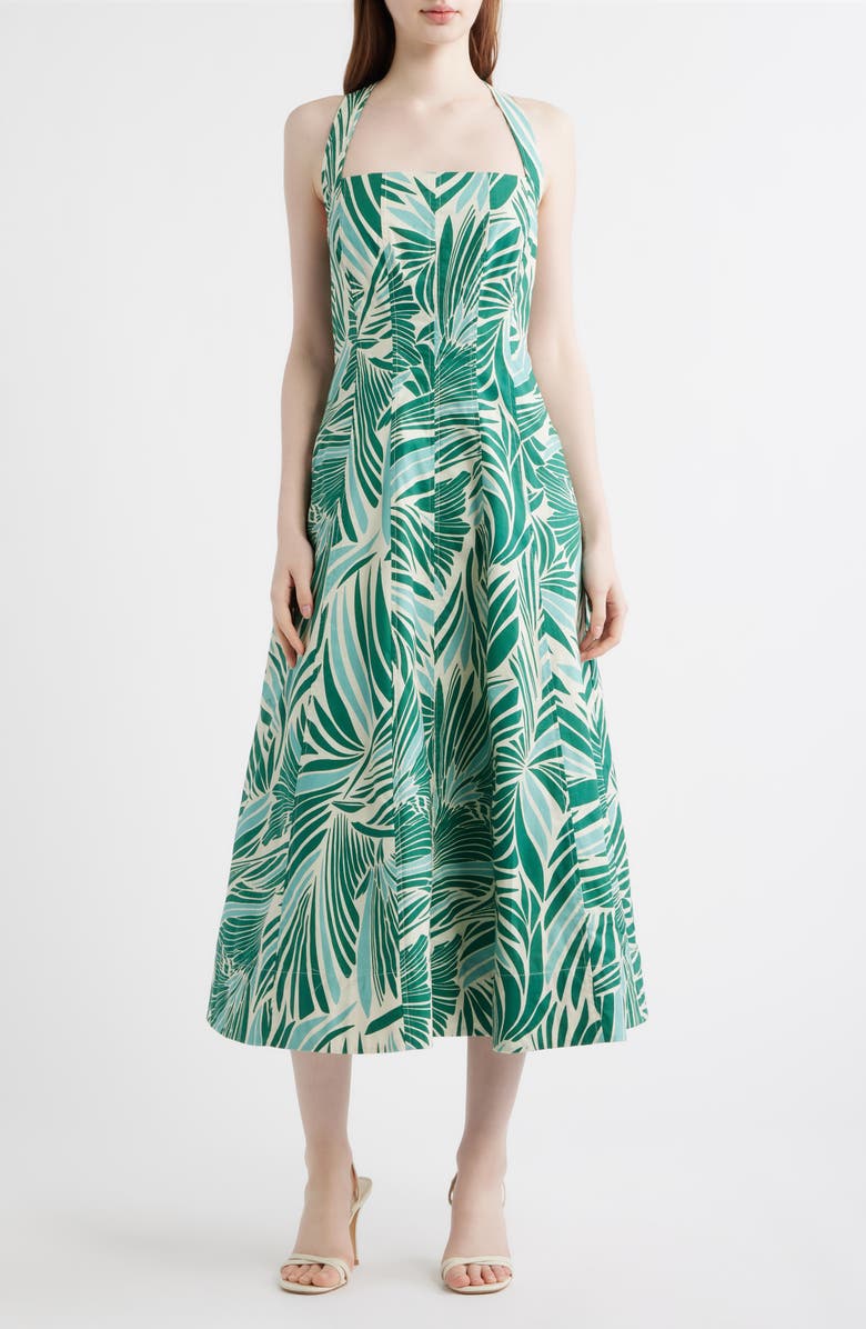 Vince Camuto Leaf Print Cotton Poplin Dress, Main, color, Green Mult