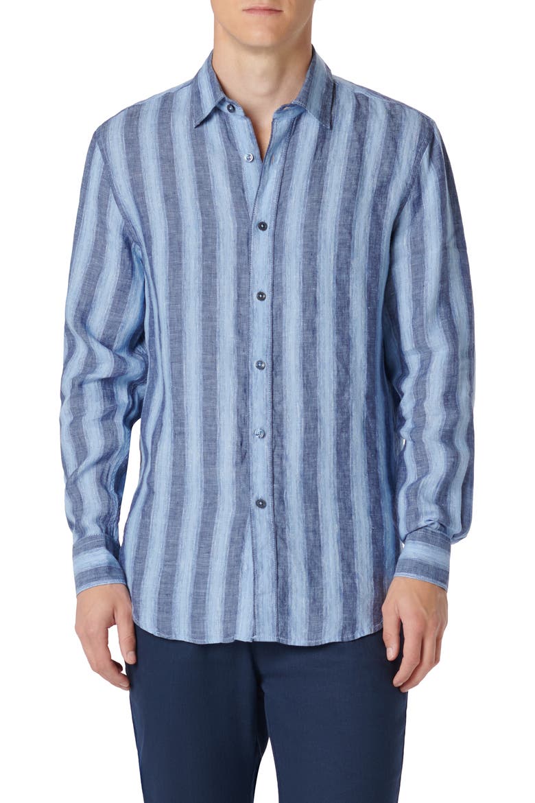Julian Shaped Fit Stripe Linen Button-Up Shirt, Main, color, CLASSIC BLUE