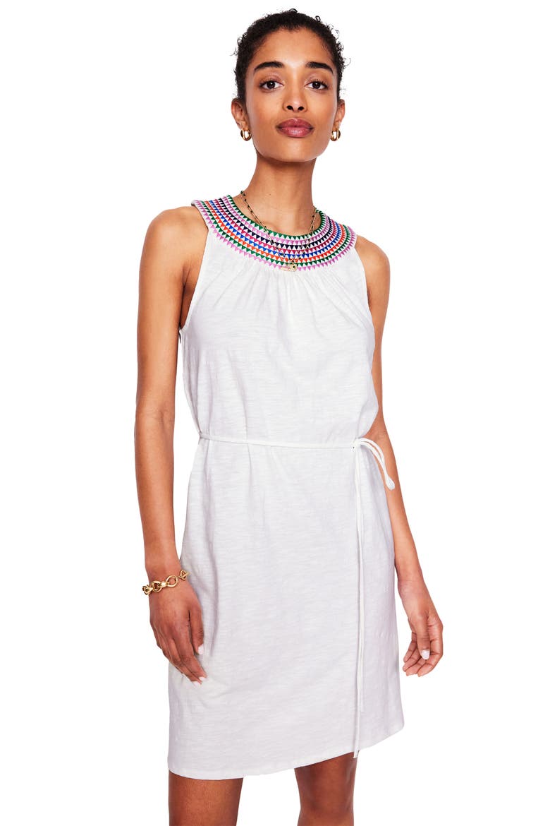 Eleni Embroidered Neckline Cotton Dress, Alternate, color, WHITE
