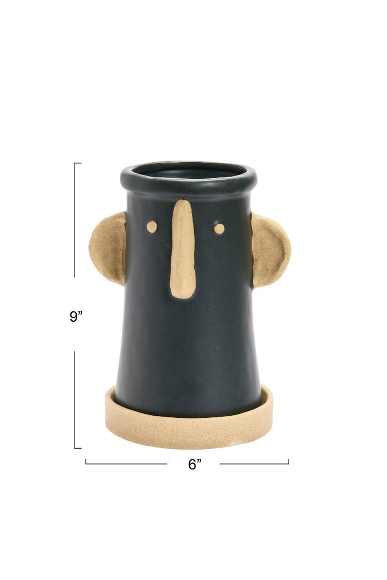 Stoneware Face Planter with Saucer, Matte Black and Cream, Alternate, color, Black