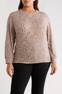 Loveappella Brushed Animal Print Long Sleeve Crewneck Top