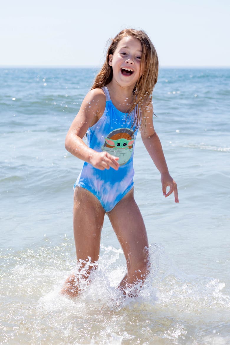 The Mandalorian Grogu One Piece Bathing Suit, Alternate, color, Grogu Blue Tie Dye