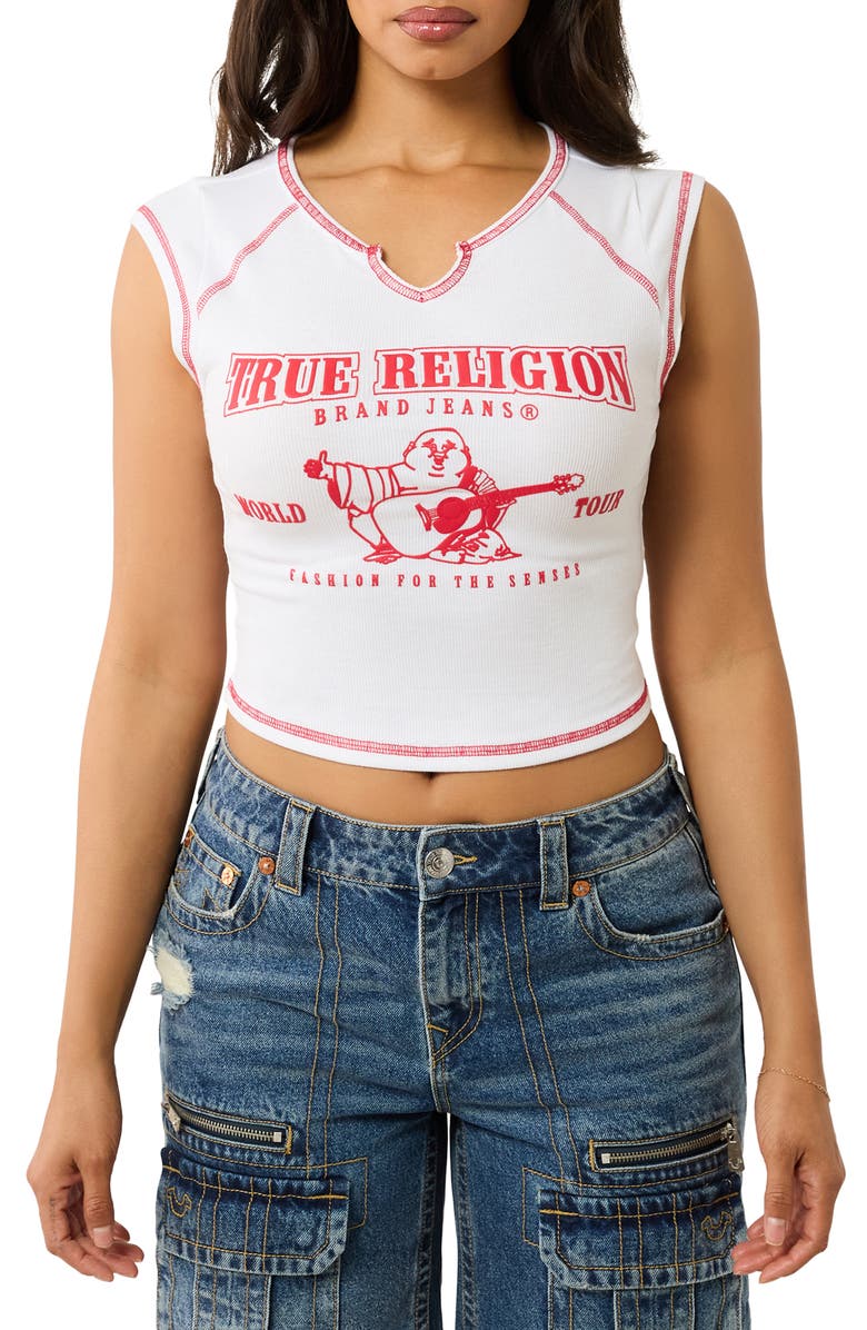 True Religion Contrast Stitch Crop Graphic T-Shirt, Main, color, Optic White