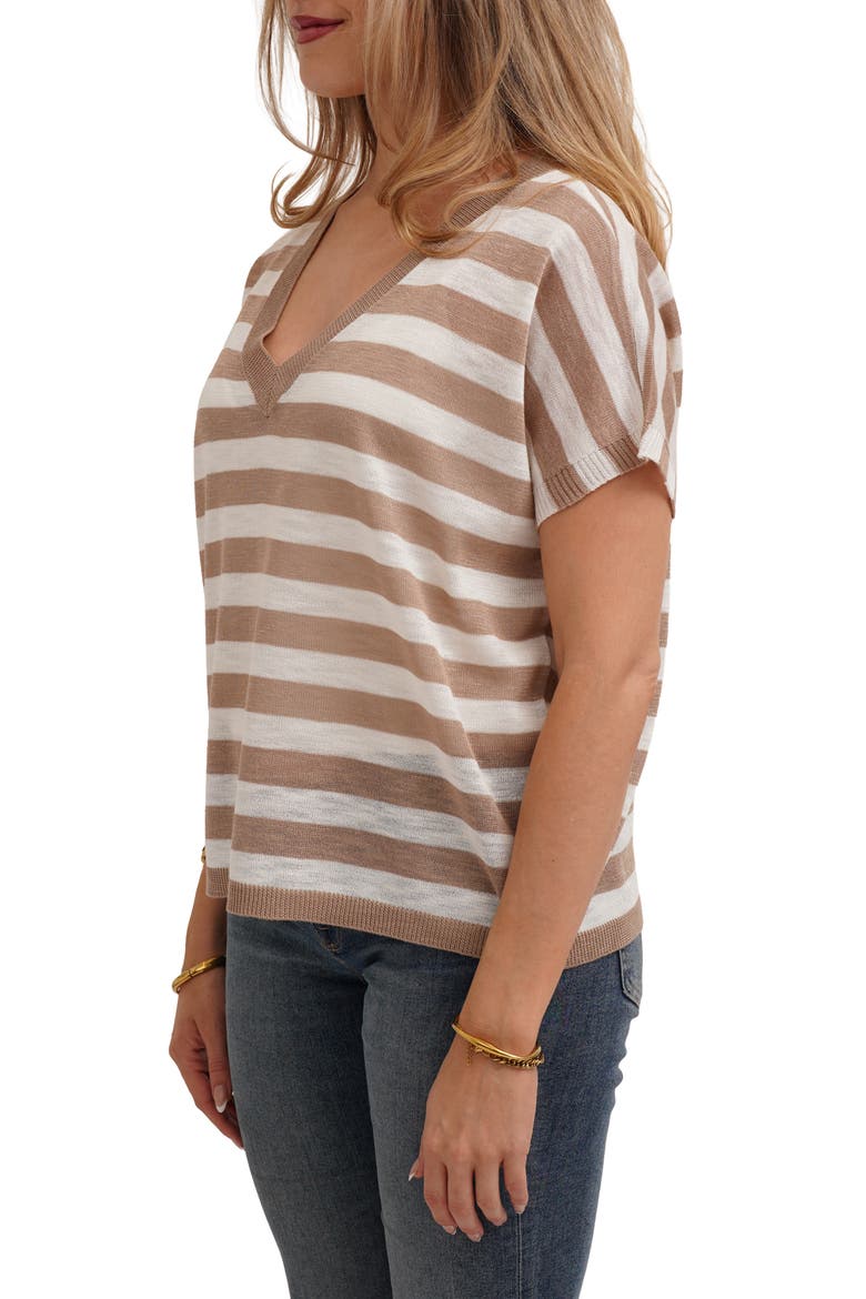 Striped V Neck Cap Sleeve Sweater, Alternate, color, TAUPE/ BONE