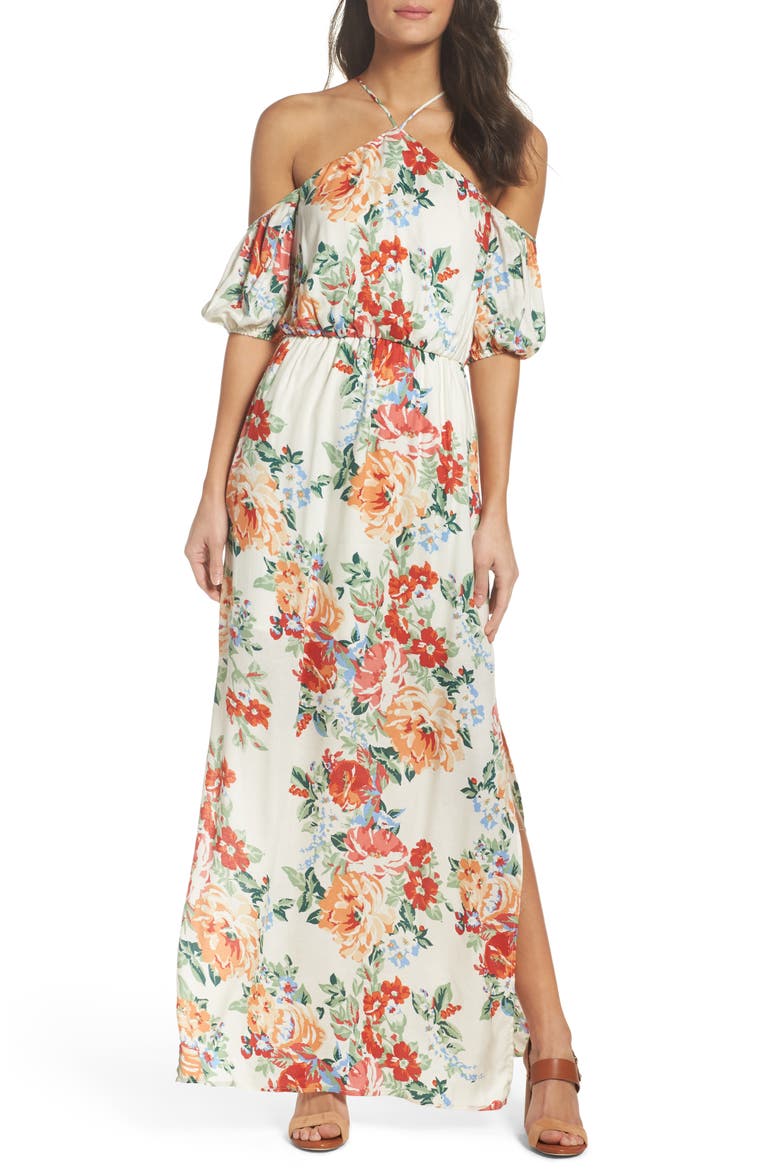 Cold Shoulder Blouson Dress, Main, color, IVORY FLORAL