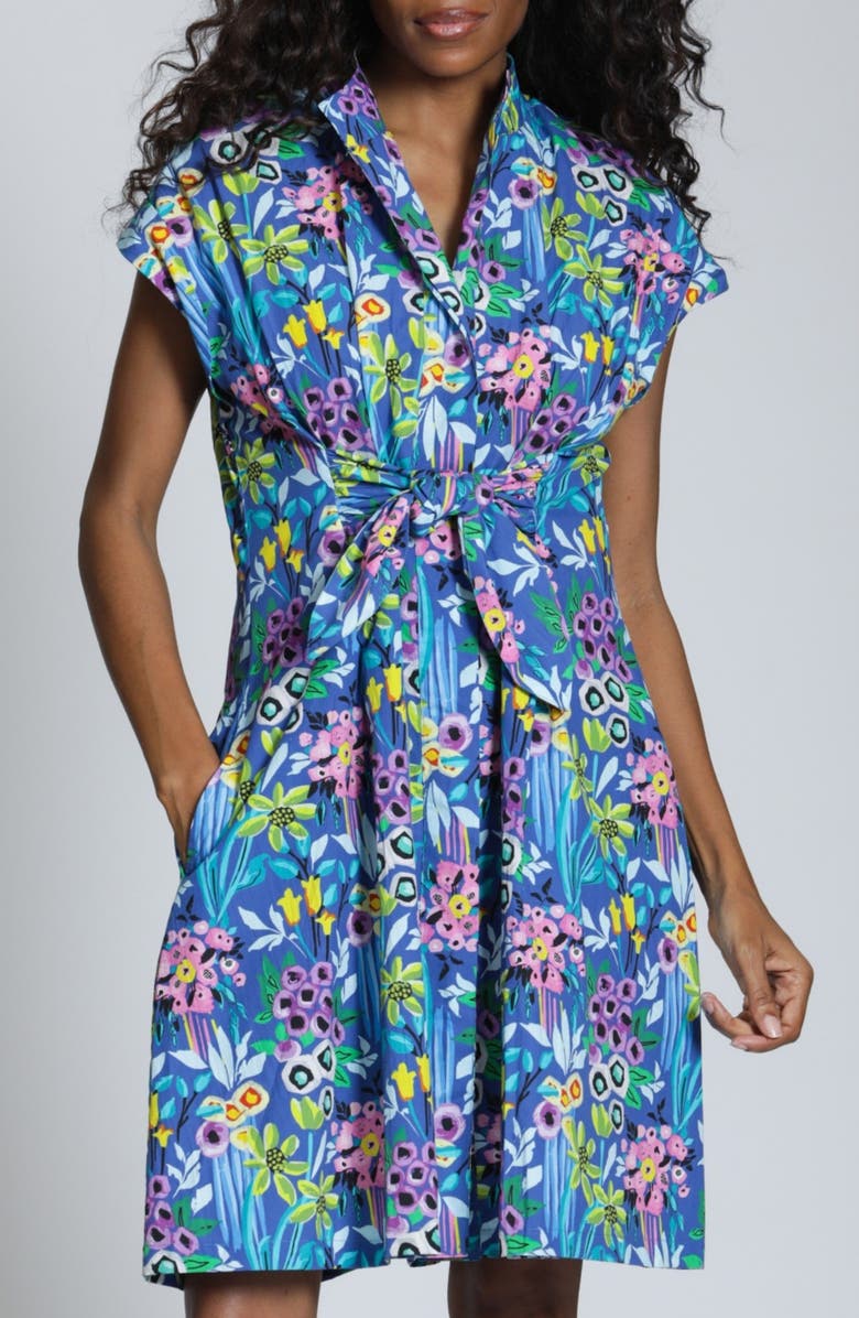 APNY Floral Print Belted A-Line Dress, Alternate, color, Blue Multi