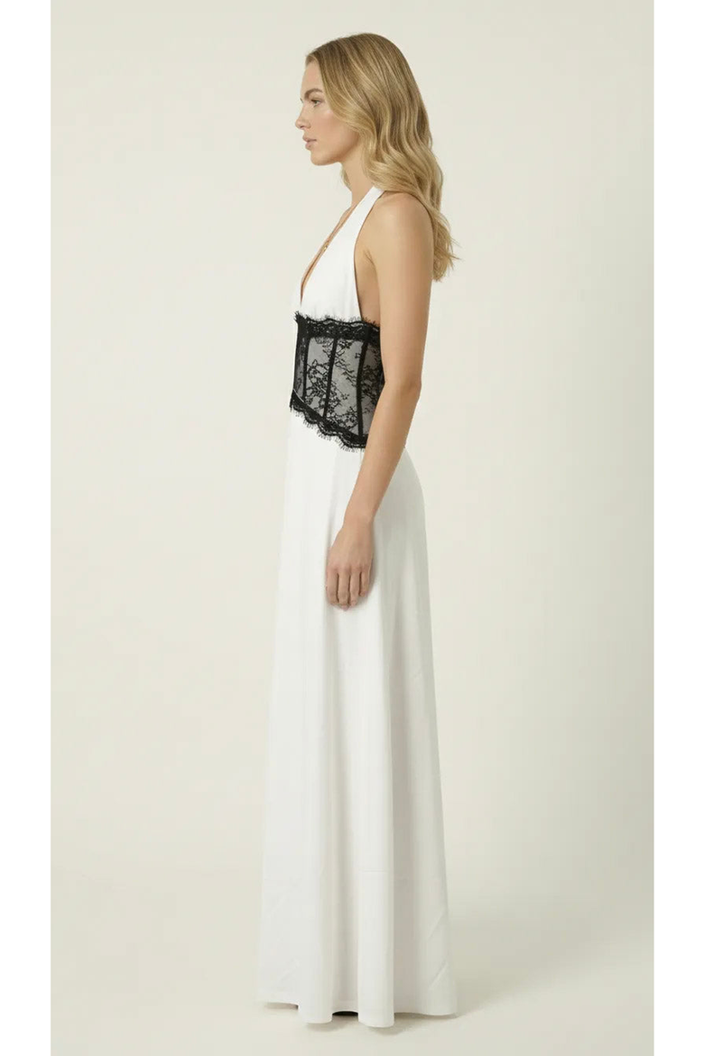 Halter Lace Corset Maxi Dress, Alternate, color, Off-White / Black