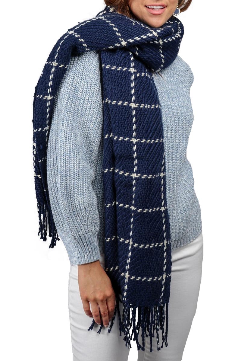 SAACHI Plaid Fringe Scarf, Main, color, Navy