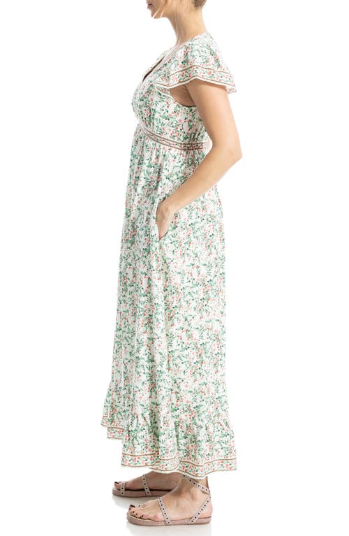 Max Studio Floral Flutter Sleeve Maxi Dress In Cream/leafy Cherry Blossoms