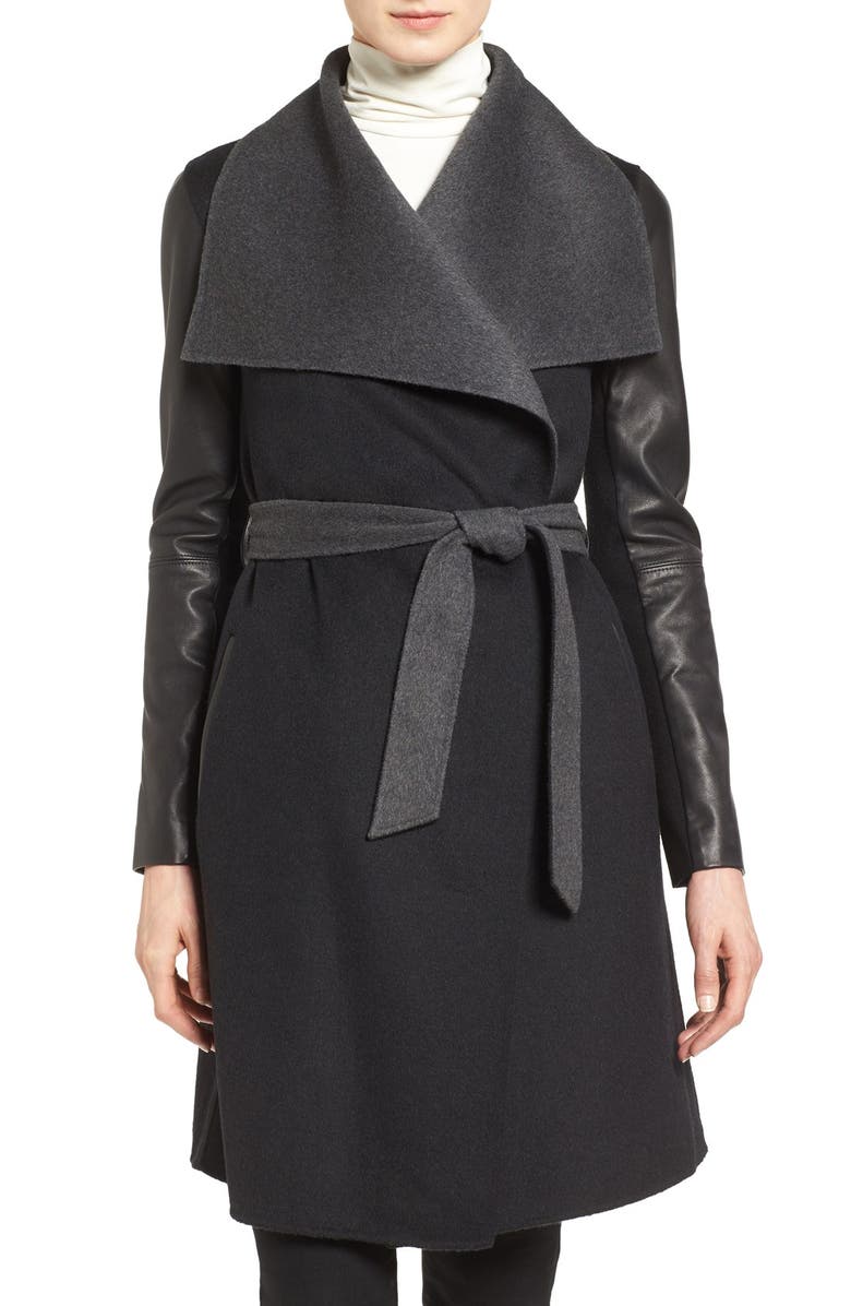Mackage Leather Sleeve Wool Blend Wrap Coat, Main, color, 